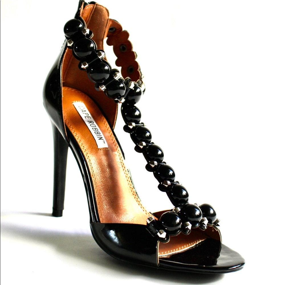 Open Toe High Shine T-Strap Beaded Heels
